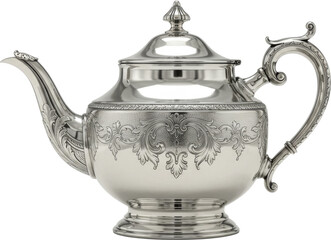 Silver decorative teapot, tea drink container, pitcher, for pouring fresh liquid hot tea, isolate transparent png