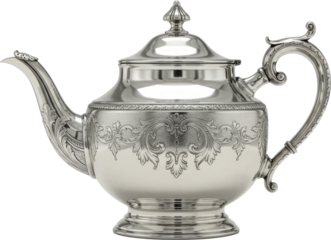 Silver decorative teapot, tea drink container, pitcher, for pouring fresh liquid hot tea, isolate transparent png