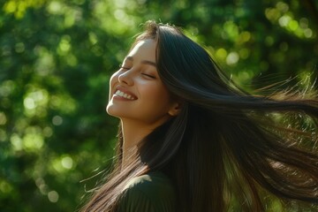 Naklejka premium Woman with Long Black Hair Smiling