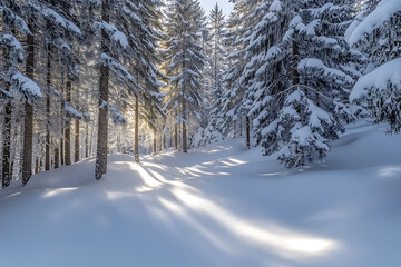 Obraz premium Sunlight through Snowy Forest