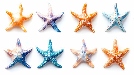 Colorful starfish collection on white background, perfect for summer vacation designs or beach themed projects.