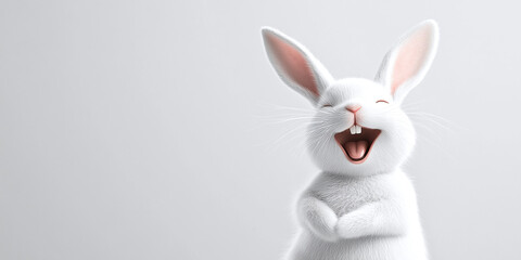 Obraz premium Cheerful white bunny with an open mouth and lively expression set against a clean white backdrop, delivering a fresh, vibrant, and dynamic visual design