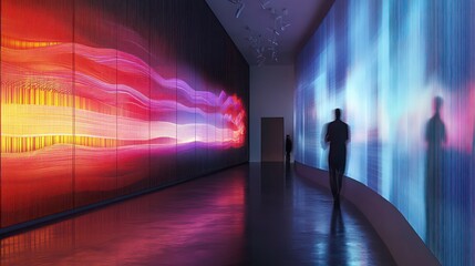 Dynamic color wave installation modern art gallery multimedia artwork contemporary space wide angle expression of data visualization