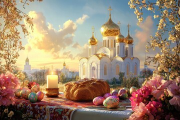 Obraz premium Flowers bloom around a golden-domed church with Easter eggs and bread resting near a lit candle at sunset in a tranquil garden setting. Generative AI