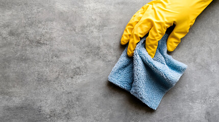 Close-up yellow rubber glove holding blue cleaning cloth