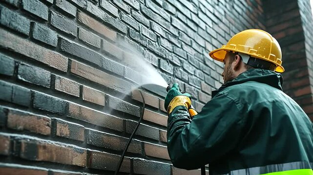 Dirt and algae wash away under the force of a water jet as a construction worker restores the natural beauty of a brick facade.