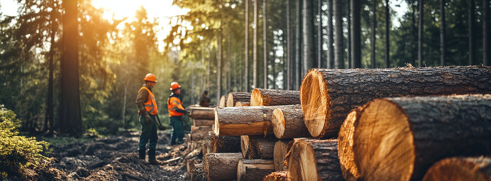 Close-up of piled logs in a forest clearing, with blurred figures of loggers in safety vests and helmets in the background, as sunlight filters through the trees, casting a warm glow