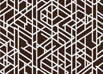 Abstract geometric pattern featuring stripes and lines set against a seamless modern background, adorned with black and gold ornamentation. A simple lattice graphic design.