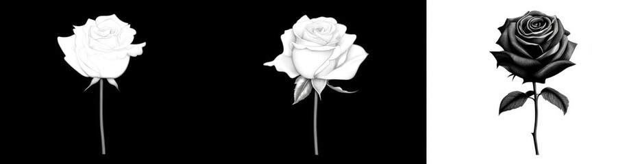 Geometric floral designs in seamless patterns with modern black and white backgrounds featuring simple illustrations.