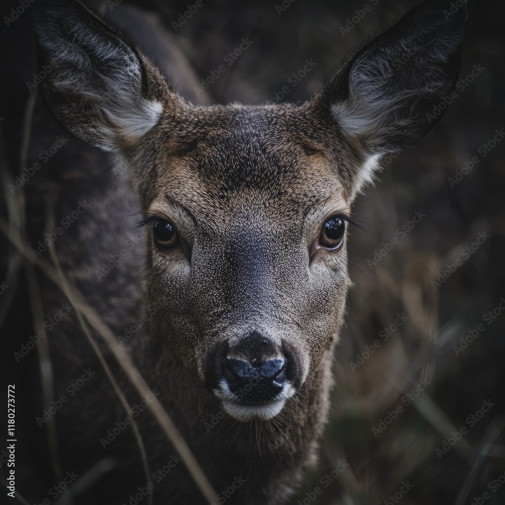 Poster a close-up view of a deer's face in a natural environment