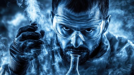 Scientist in lab coat examining chemical, smoke background, scientific research.