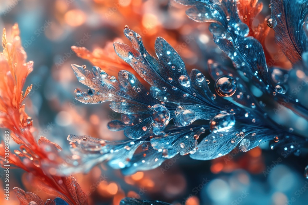 Poster close-up view of a plant's leaves with water droplets glistening in the light, suitable for use in n