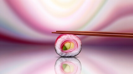 Delicious pink sushi roll with chopsticks, on reflective surface, abstract background. Ideal for food blogs or restaurant menus.