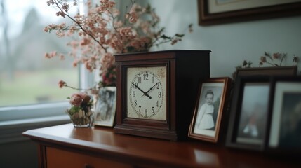 A vintage mantel clock is surrounded by framed photos and delicate flowers, capturing a nostalgic moment preserved in time.