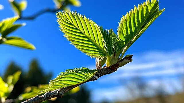 New leaves unfold with a lush green vibrancy on a tree branch, basking in the golden sunlight against a serene and cloudless blue sky.