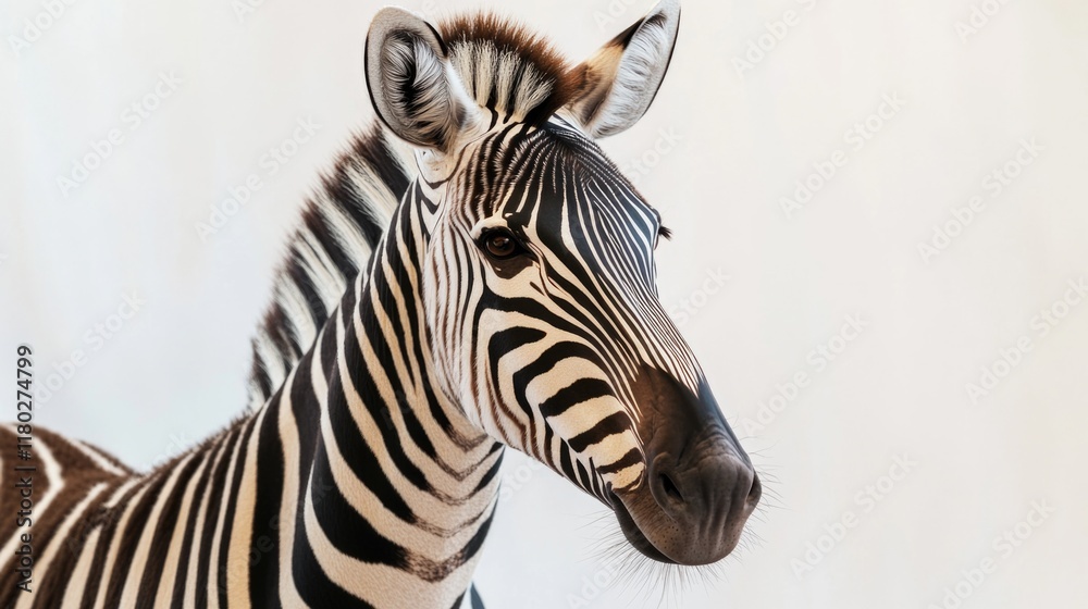 Poster a close-up shot of a zebra's face on a white background