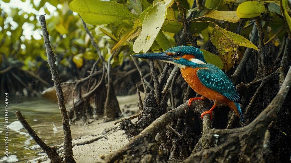 Poster a bird sits comfortably on a branch partially submerged in water, surrounded by calm aquatic surroun