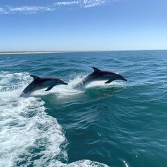 Two dolphins leaping from the ocean's surface