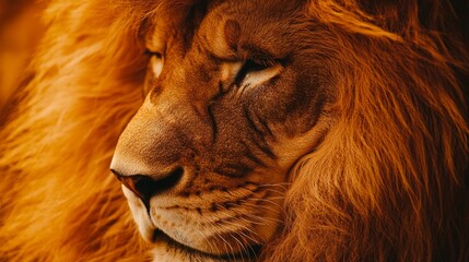 Naklejka premium The majestic lion’s face is bathed in golden light, highlighting his regal mane and capturing a moment of wild grace.