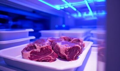 Obraz premium Display of meat in a refrigerator with a blue light. The meat is on a white tray