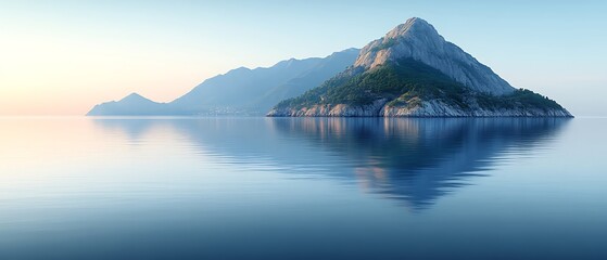 Naklejka premium Serene island reflecting in calm sea at dawn.