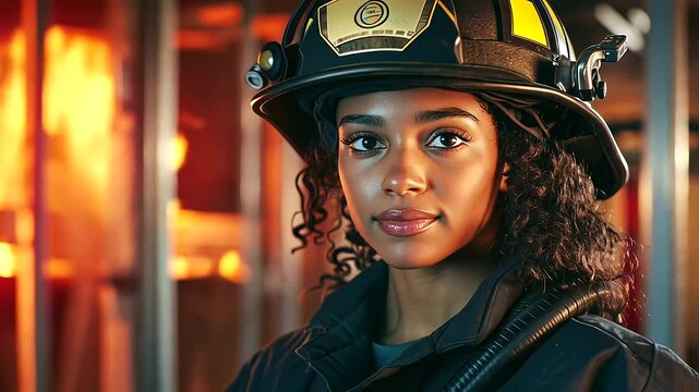 The female firefighter sits atop the steps of a fire truck, her confident smile and relaxed posture conveying professionalism
