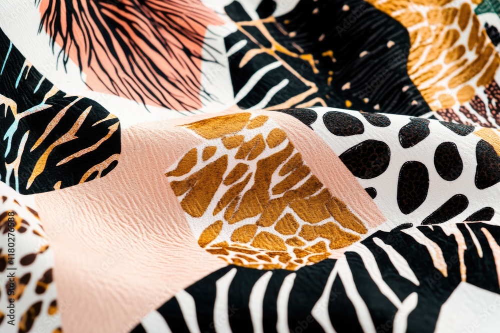 Poster Close-up view of colorful zebra and giraffe pattern on fabric
