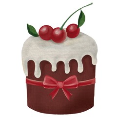 Cherry Cake: A small chocolate cake with white frosting, cherries, and a red ribbon. Perfect for festive or romantic designs