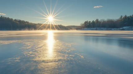 凍った湖に光芒が映る冬の山々の絶景