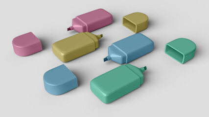 various colored mini markers on white backdrop, top side view