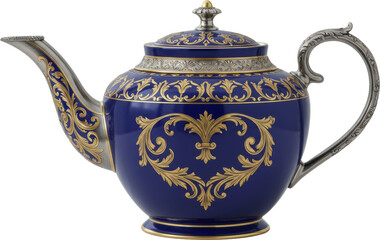Blue and Gold decorative teapot, tea drink container, pitcher, for pouring fresh liquid hot tea, isolate transparent png