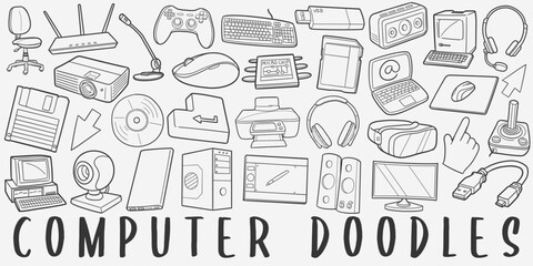 Computing Doodle Icons. Hand Made Line Art. computer Clipart Logotype Symbol Design.