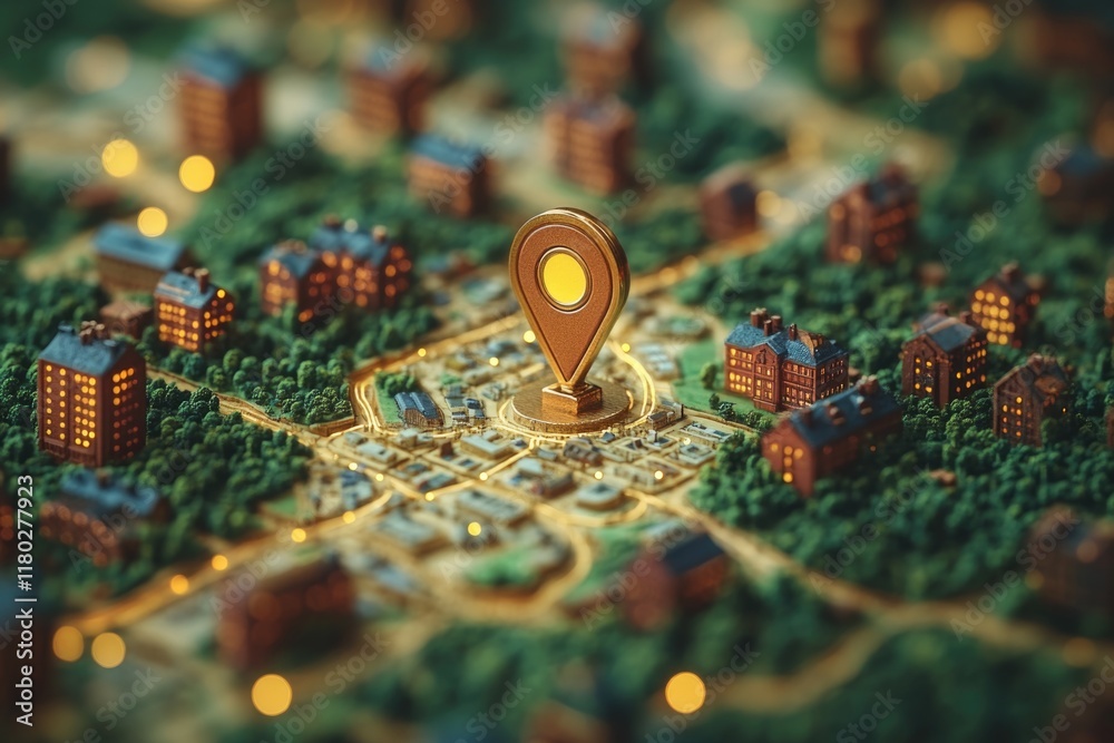 Poster A small model of a city with a pushpin marking a specific location