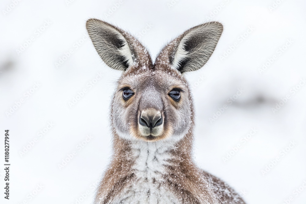 Poster a close-up shot of a kangaroo standing in the snow, looking around