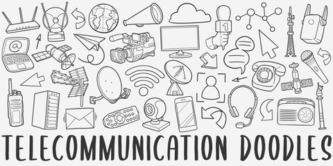 Telecomunication Doodle Icons Black and White Line Art. Communication Clipart Hand Drawn Symbol Design.