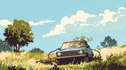 Fototapeta premium Car with money in bear trap. Meadowfall. Illustration