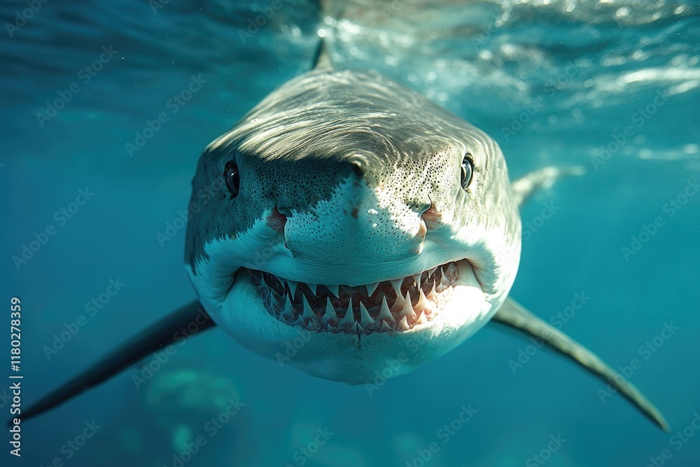 Poster close-up image of a shark with its mouth open, suitable for use in articles about marine life or oce