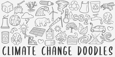 Climate Change Doodle Icons. Hand Made Line Art. Ecology Clipart Logotype Symbol Design.	