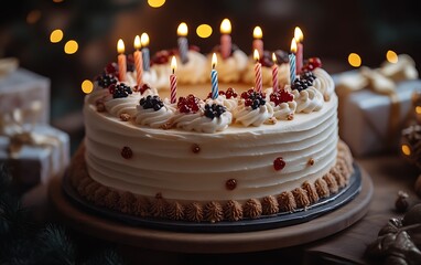 Festive birthday cake with candles and berries.