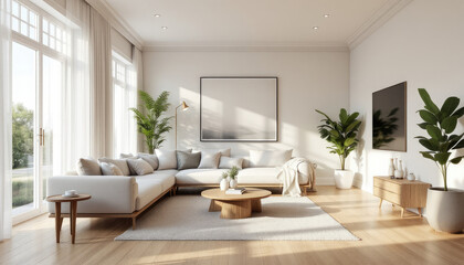 Modern japandi living room with large windows, a white sofa, a coffee table, and various decorative elements such as plants and artwork.