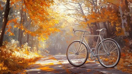 Fototapeta premium Vintage bicycle on a scenic autumn path with golden foliage and sunlight