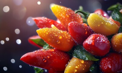 Bunch of red, yellow and orange peppers with water droplets on them