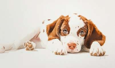 Brown and white dog is laying on a white background. The dog is cute and cuddly, and it looks like it's ready to be petted