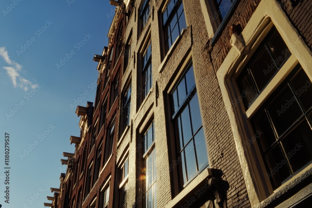 Poster a tall brick building with a clock on its side, suitable for cityscape or architecture photoshoots