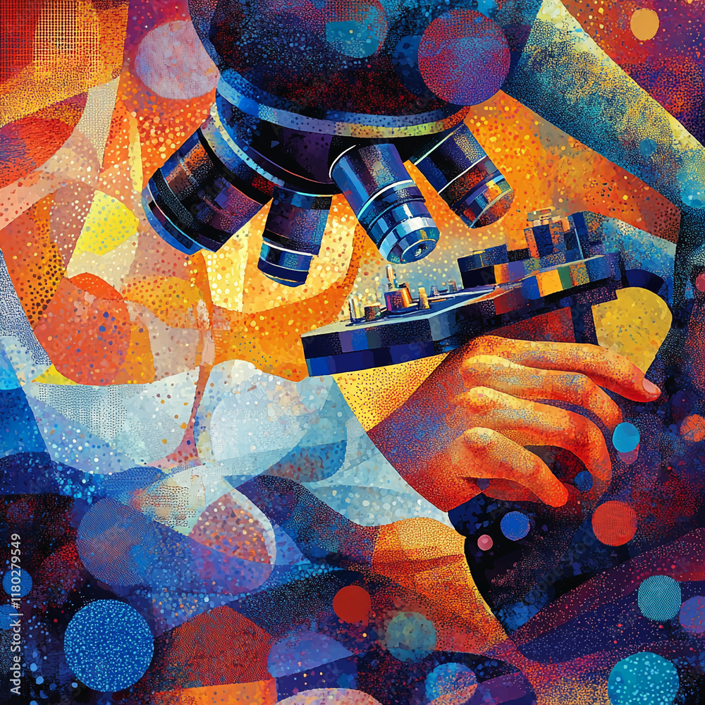 Poster abstract art of a microscope and hand in vibrant colors