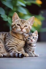 A mother cat holds and comforts her small kitten on the ground