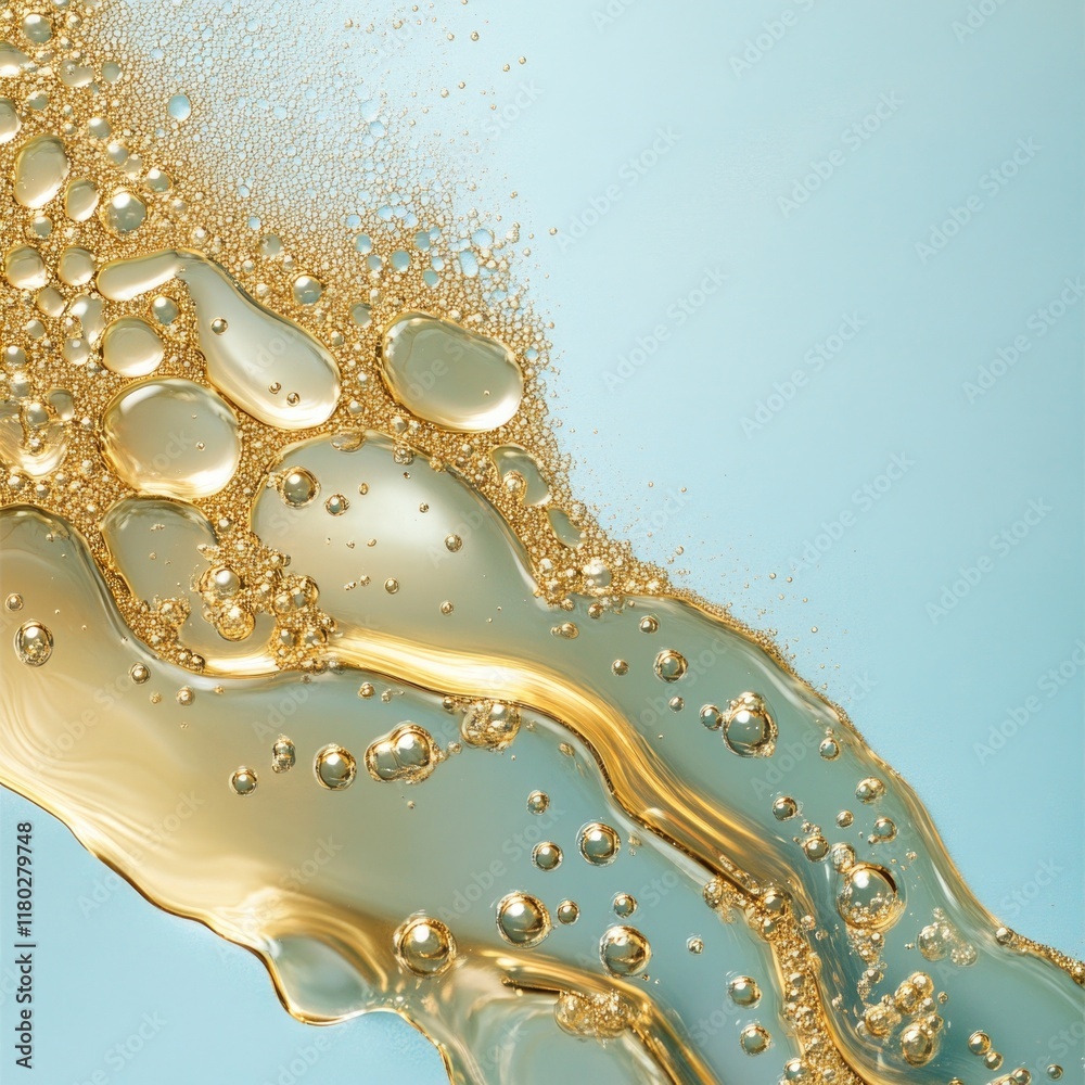 Poster a close-up view of a liquid with bubbles on a blue background, great for science or technology-relat