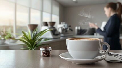 Obraz premium Artistic Coffee Cup with Steam in Modern Cafe Setting