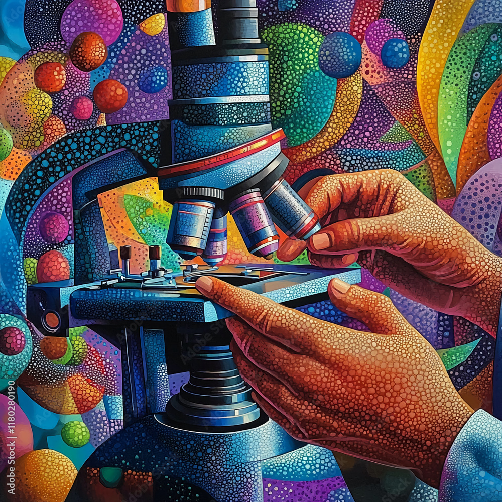 Poster abstract illustration of hands using a microscope with vibrant colors