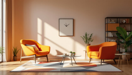 Modern japandi living room with a large window, two orange armchairs, a coffee table, and a bookshelf.